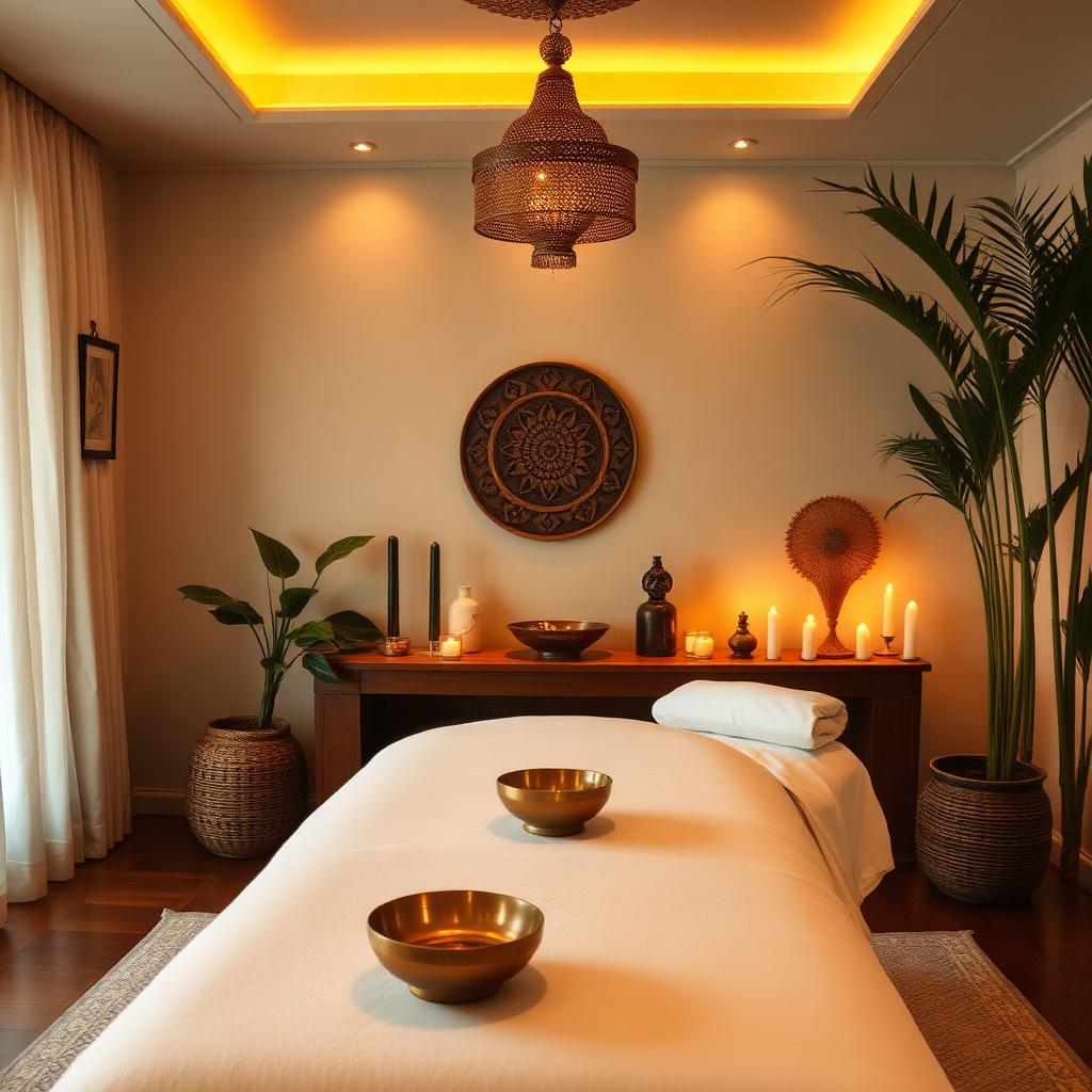 Traditional Indian spa treatment room with brass bowls
