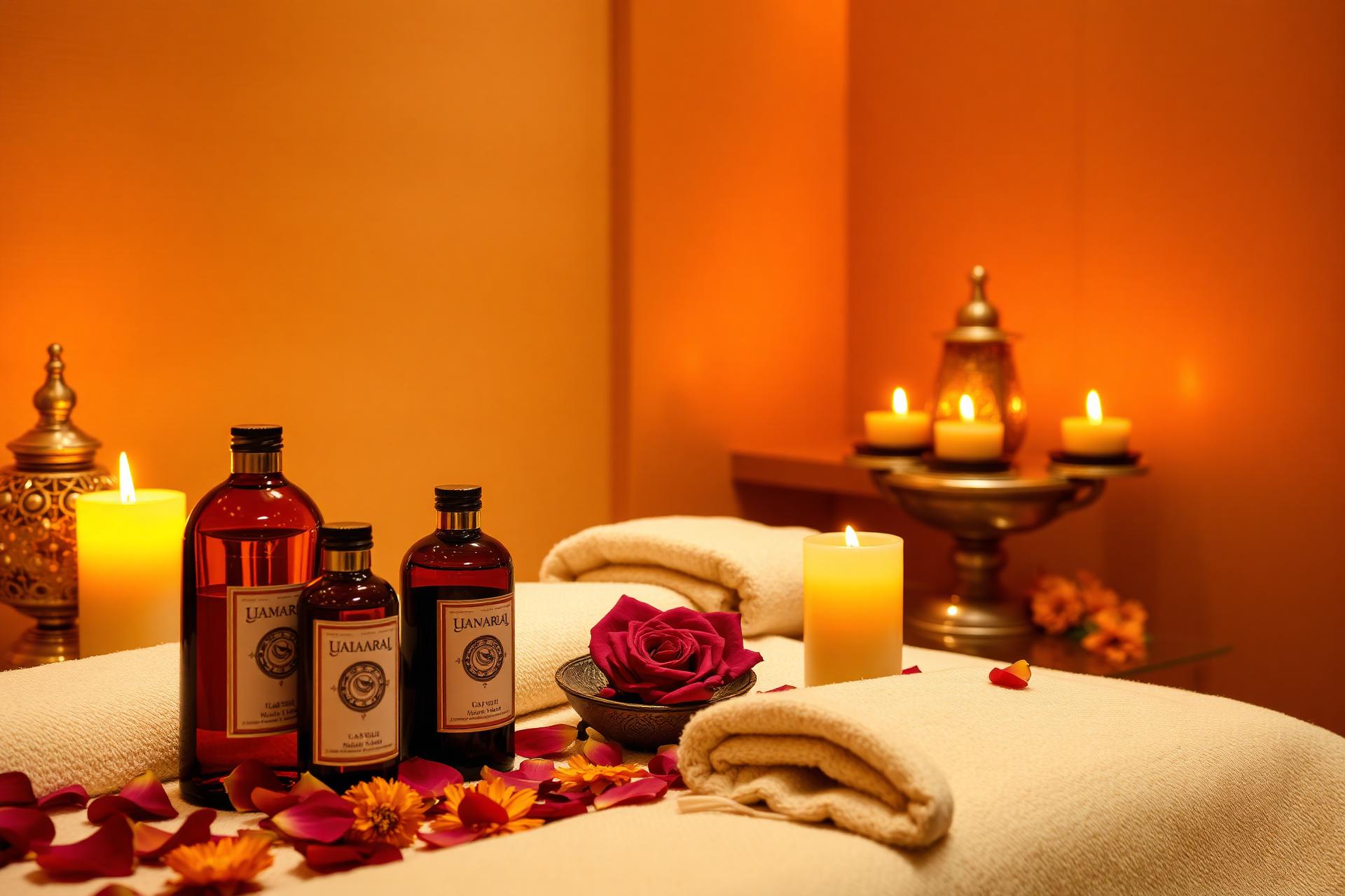 Warm candlelit Indian spa setting with oils and rose petals
